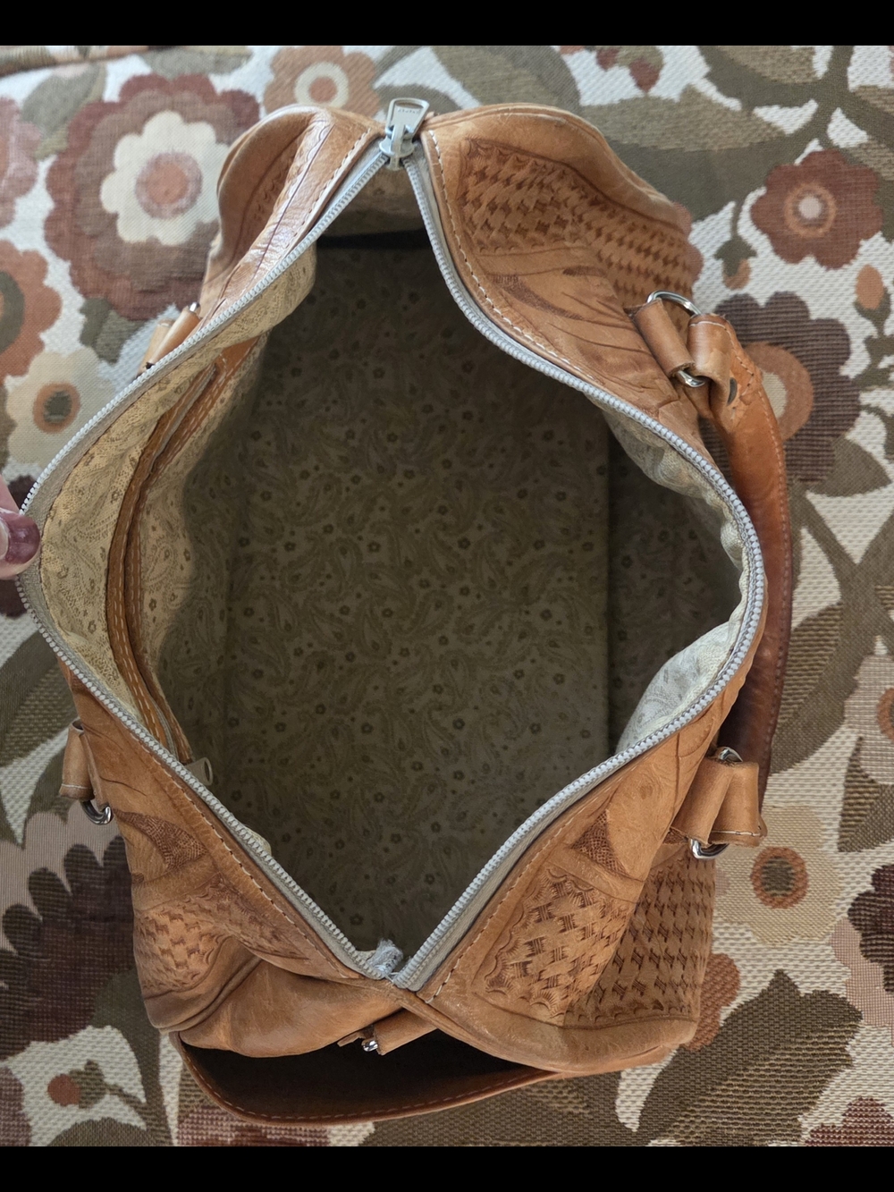 Beautiful Vintage Hand-Tooled Leather Satchel Bag in Tan Flower Floral Design - Picture 3 of 11